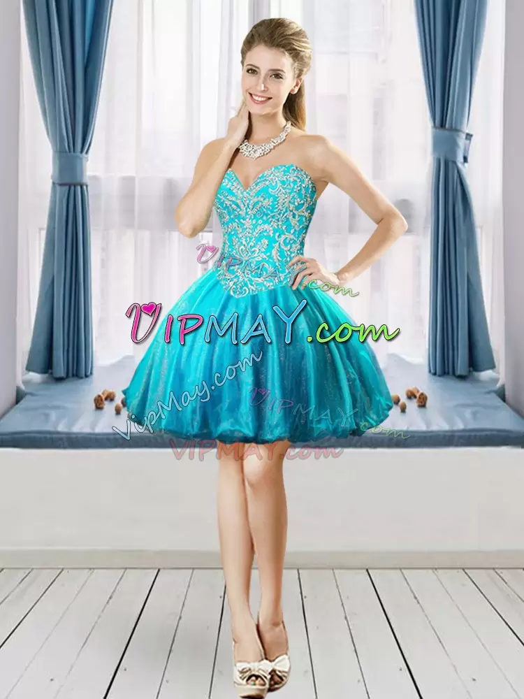 Blue Sweetheart Neckline Beading Quince Ball Gowns Sleeveless Lace Up