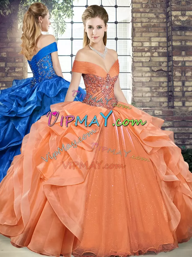 Lovely Orange Lace Up Quince Ball Gowns Beading and Ruffles Sleeveless Floor Length