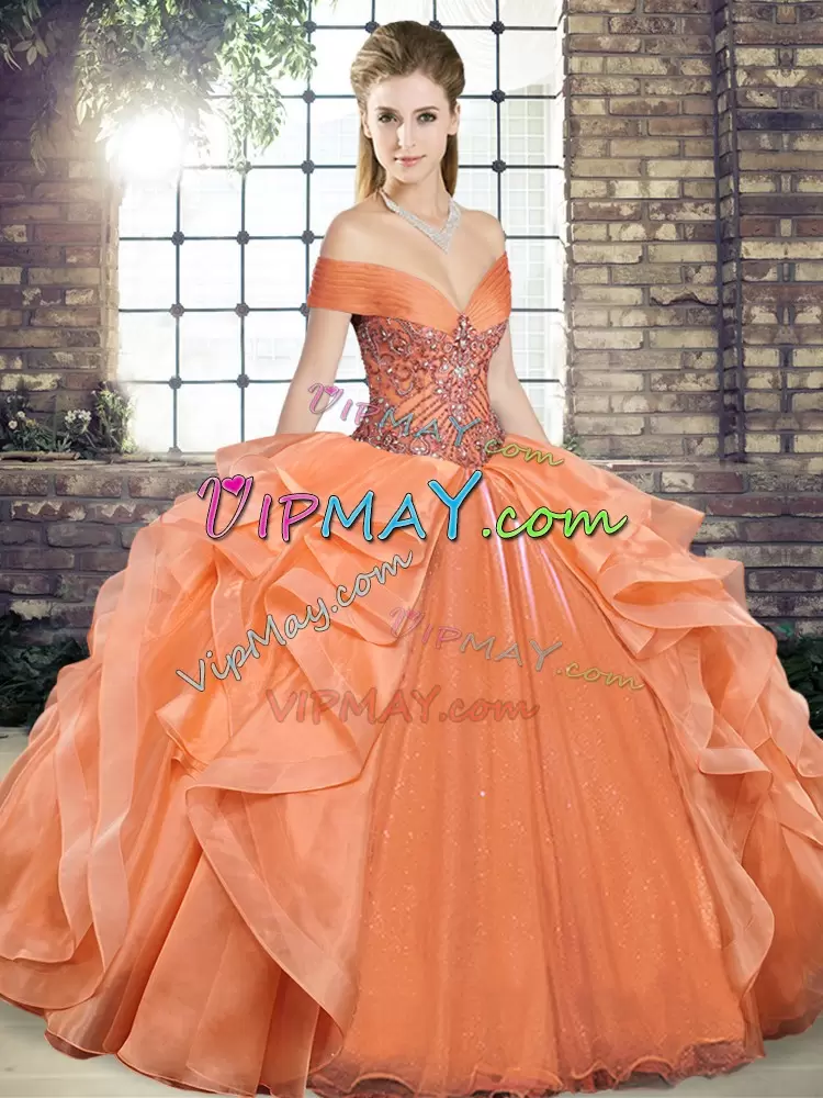 Lovely Orange Lace Up Quince Ball Gowns Beading and Ruffles Sleeveless Floor Length