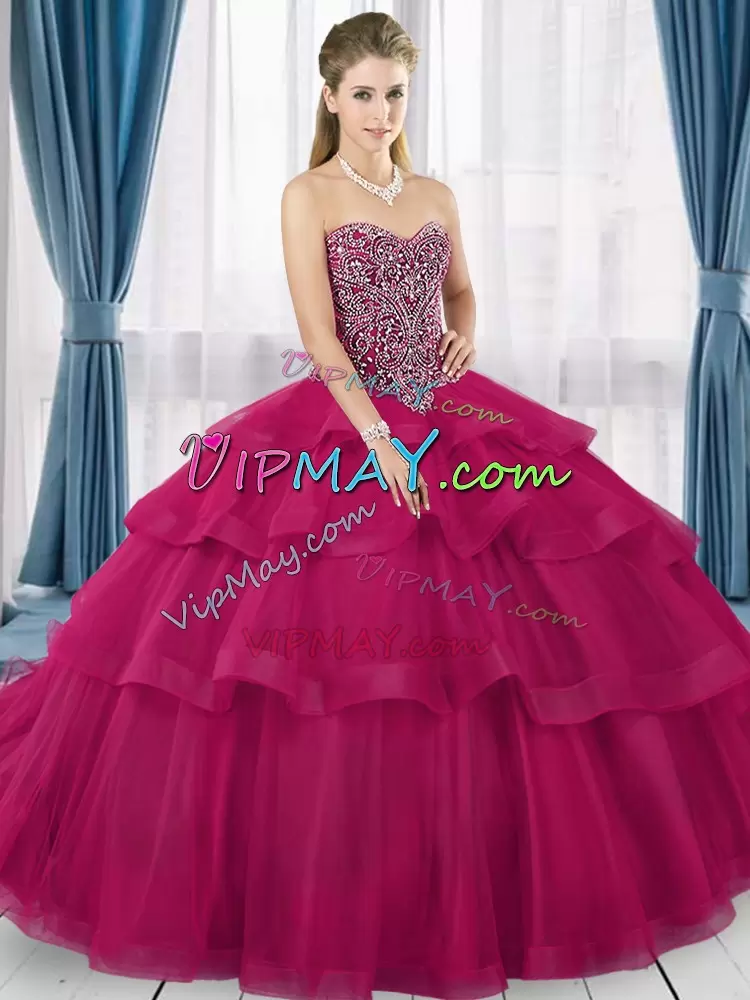 Lace Up Quinceanera Gown Fuchsia for Military Ball and Sweet 16 and Quinceanera with Beading and Ruffled Layers Brush Train