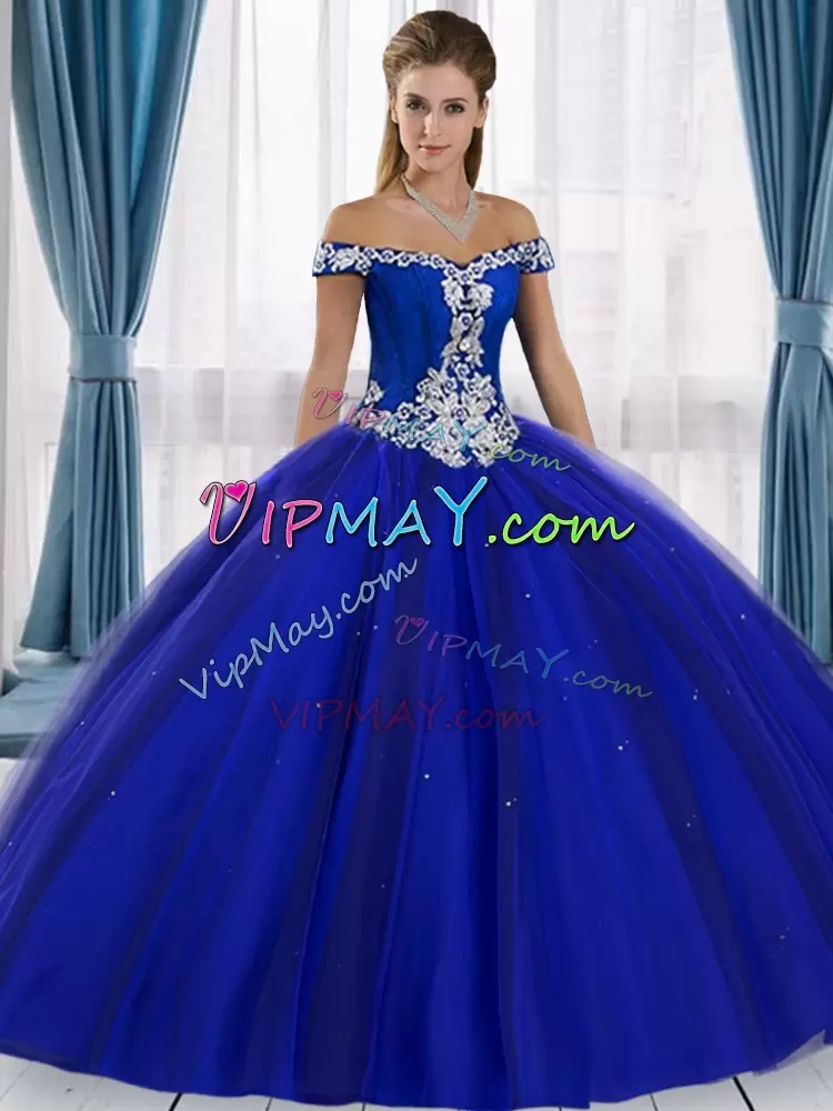 Royal Blue Tulle Lace Up Sweet 16 Dress Sleeveless Floor Length Appliques