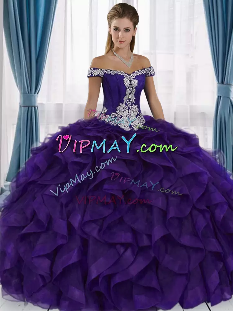 Discount Purple Ruffled Ball Gown Off The Shoulder Organza Quinceanera Dress with Silver Details