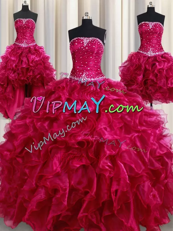 Burgundy Organza Lace Up Strapless Sleeveless Floor Length Quinceanera Gowns Beading and Ruffles