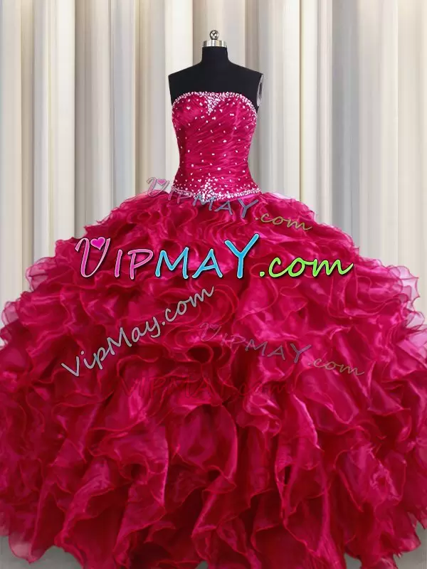 Burgundy Organza Lace Up Strapless Sleeveless Floor Length Quinceanera Gowns Beading and Ruffles