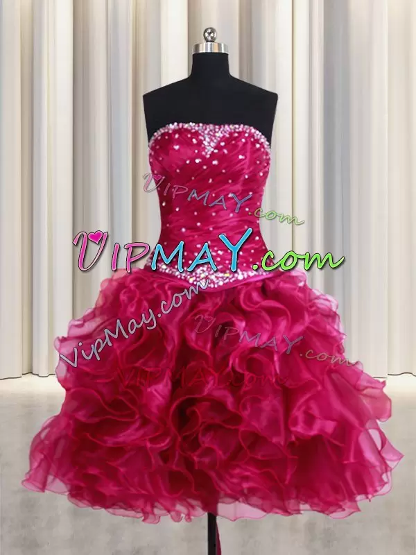 Burgundy Organza Lace Up Strapless Sleeveless Floor Length Quinceanera Gowns Beading and Ruffles