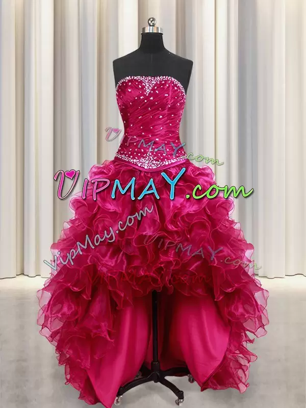 Burgundy Organza Lace Up Strapless Sleeveless Floor Length Quinceanera Gowns Beading and Ruffles