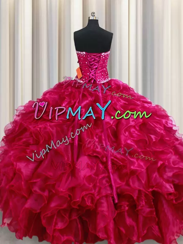 Burgundy Organza Lace Up Strapless Sleeveless Floor Length Quinceanera Gowns Beading and Ruffles