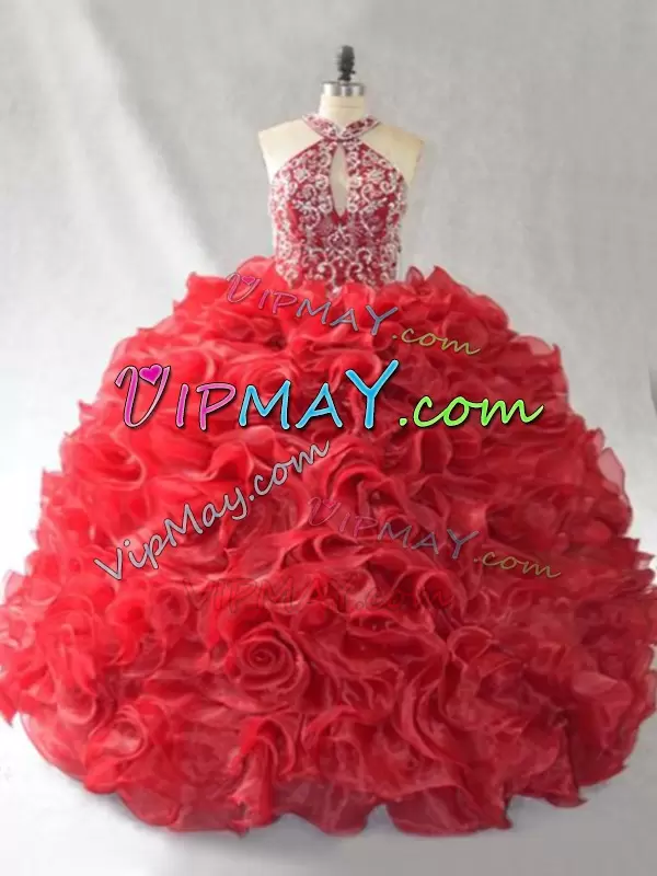 Best Selling Red Sweet 16 Quinceanera Dress Halter Top Sleeveless Brush Train Lace Up