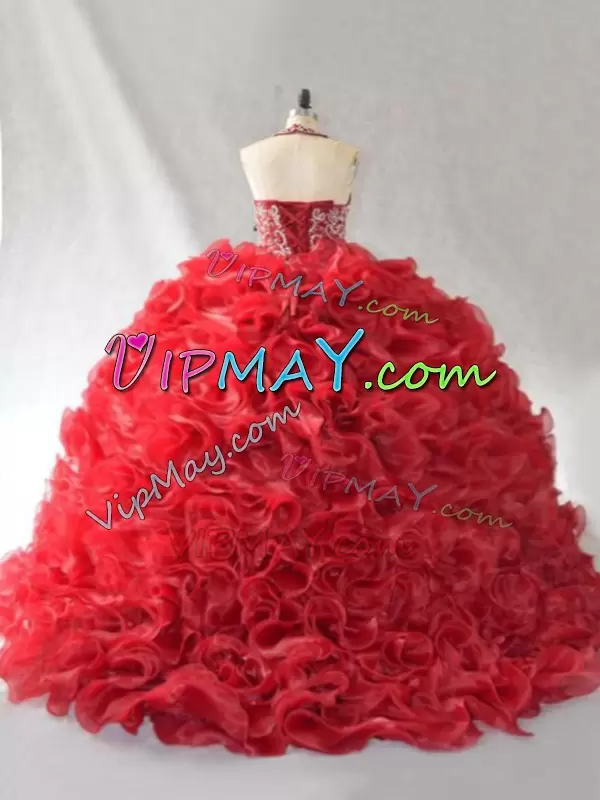 Best Selling Red Sweet 16 Quinceanera Dress Halter Top Sleeveless Brush Train Lace Up