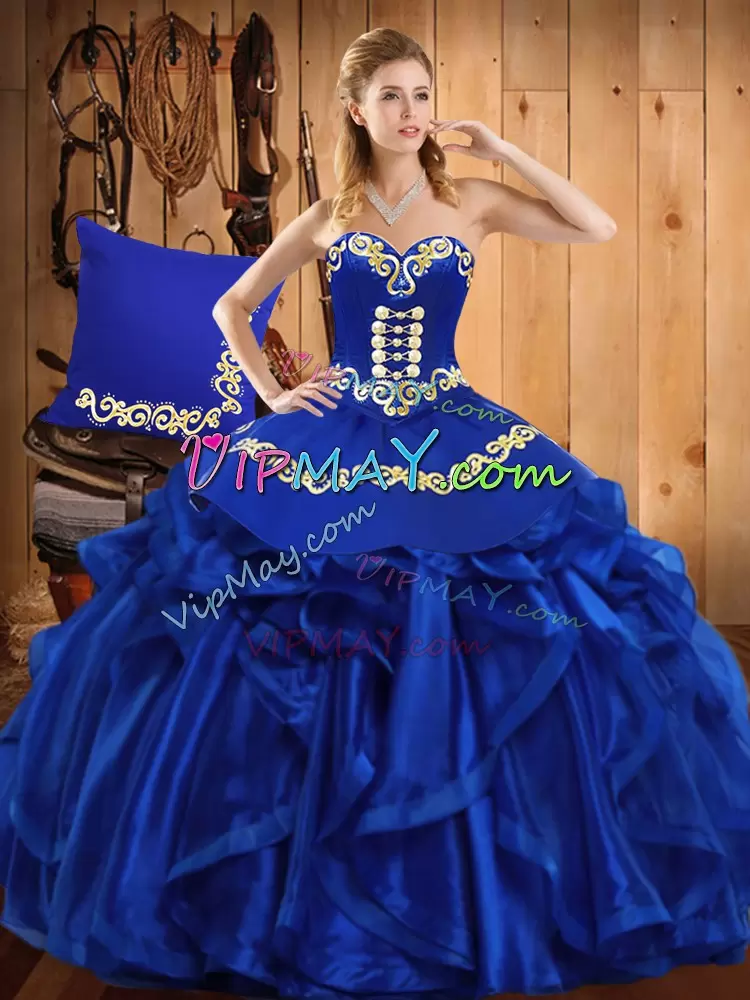 Fashion Floor Length Lace Up Vestidos de Quinceanera Royal Blue for Military Ball and Sweet 16 and Quinceanera with Embroidery and Ruffles