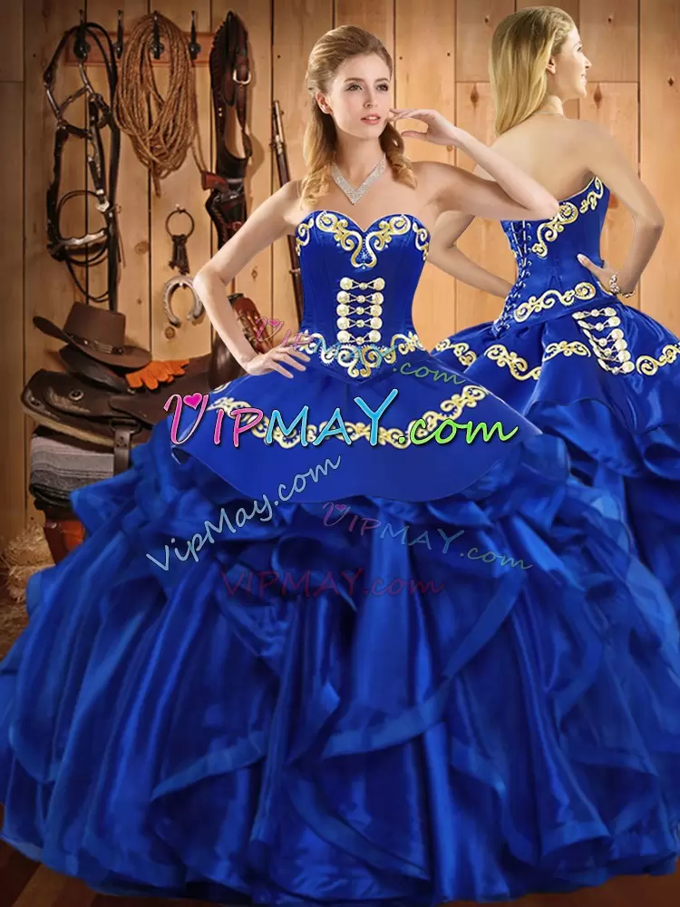 Fashion Floor Length Lace Up Vestidos de Quinceanera Royal Blue for Military Ball and Sweet 16 and Quinceanera with Embroidery and Ruffles