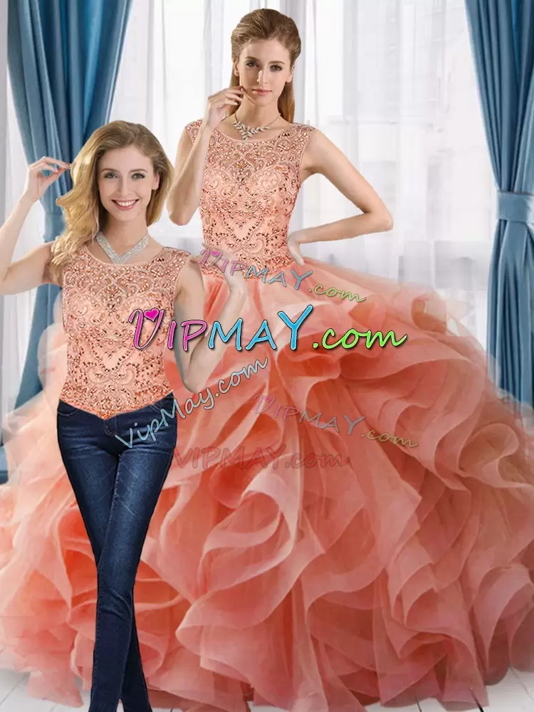 Fantastic Peach Ball Gowns Scoop Sleeveless Tulle Floor Length Beading Sweet 16 Dresses