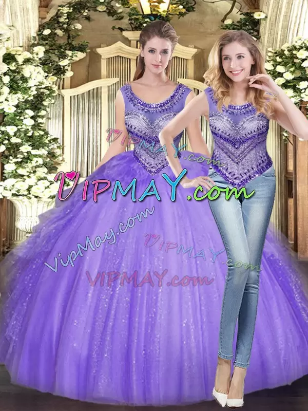 Suitable Lavender Sweet 16 Quinceanera Dress Military Ball and Sweet 16 and Quinceanera with Beading and Ruffles Scoop Sleeveless Lace Up