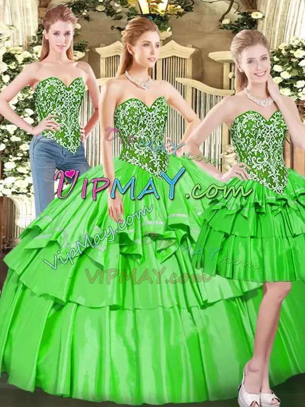 Custom Fit Lace Up Ball Gown Prom Dress Beading and Ruffled Layers Sleeveless Floor Length