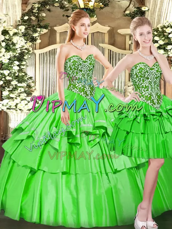 Custom Fit Lace Up Ball Gown Prom Dress Beading and Ruffled Layers Sleeveless Floor Length