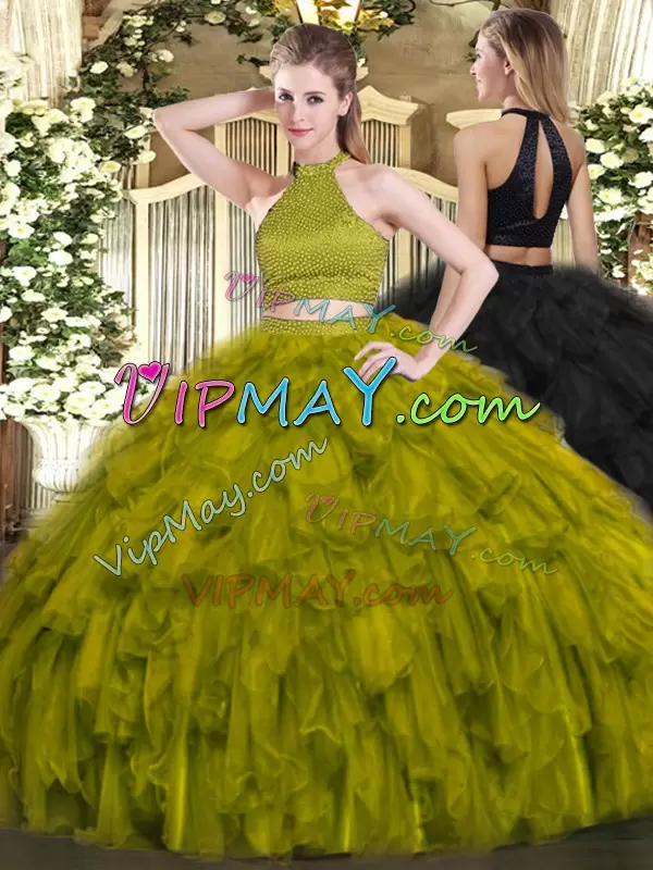 Deluxe Olive Green Sleeveless Organza Backless Ball Gown Prom Dress for Military Ball and Sweet 16 and Quinceanera