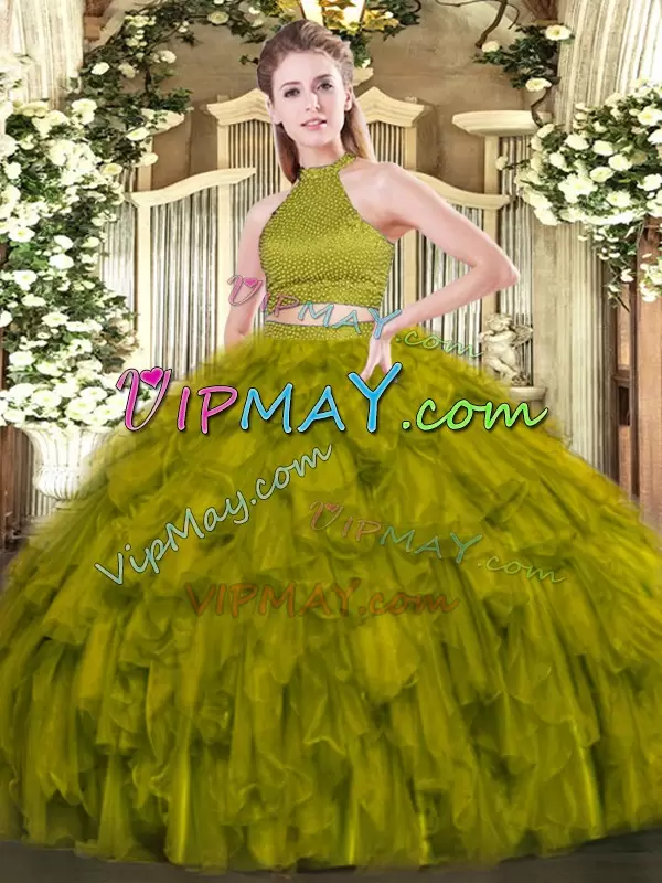 Deluxe Olive Green Sleeveless Organza Backless Ball Gown Prom Dress for Military Ball and Sweet 16 and Quinceanera