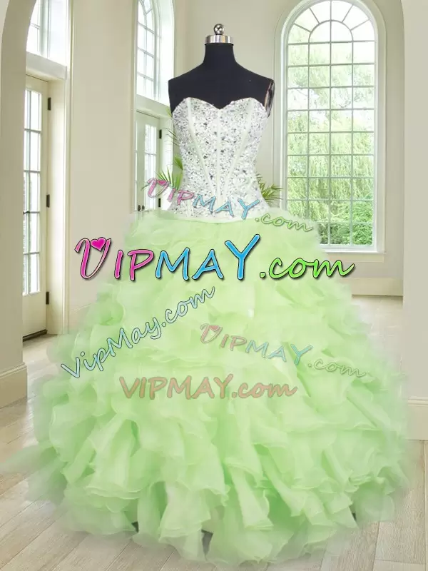 Yellow Green Quinceanera Gowns Military Ball and Sweet 16 and Quinceanera with Beading and Ruffles Sweetheart Sleeveless Lace Up