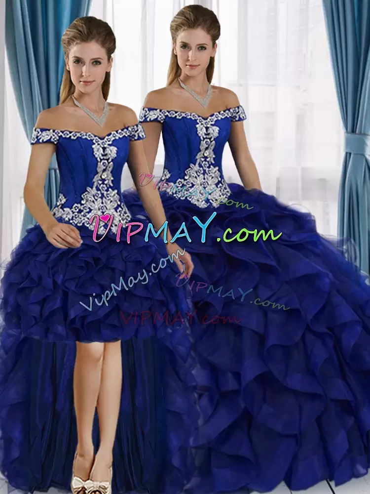 Sleeveless Off The Shoulder Lace Up Floor Length Beading and Ruffles Sweet 16 Dresses Off The Shoulder