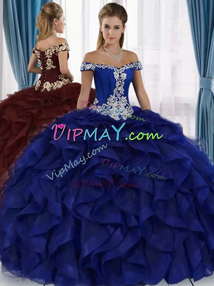 Sleeveless Off The Shoulder Lace Up Floor Length Beading and Ruffles Sweet 16 Dresses Off The Shoulder