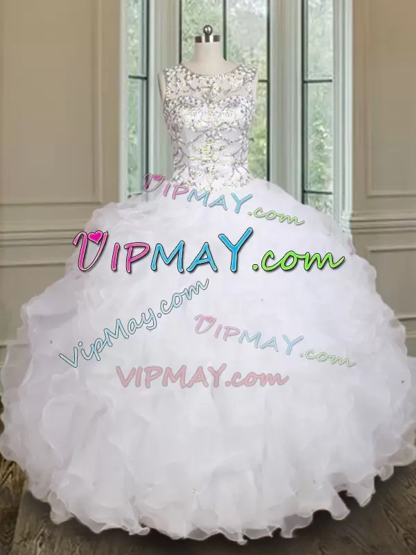 Scoop Sleeveless Lace Up Quinceanera Dresses White Organza Beading and Ruffles