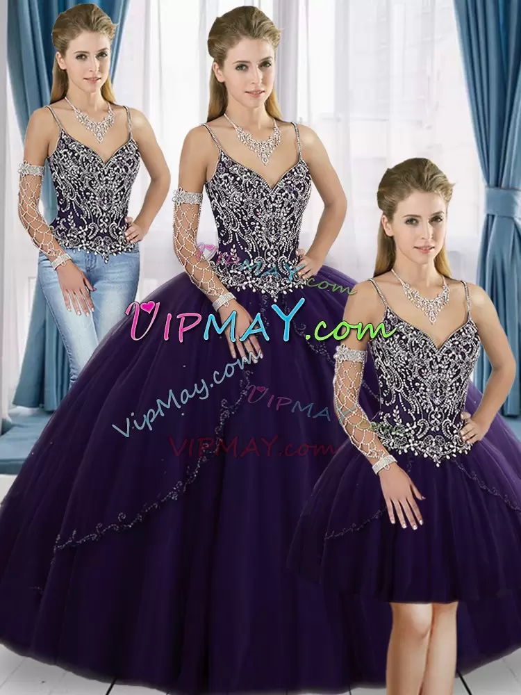 Excellent Sleeveless Tulle Floor Length Lace Up Vestidos de Quinceanera in Purple with Beading