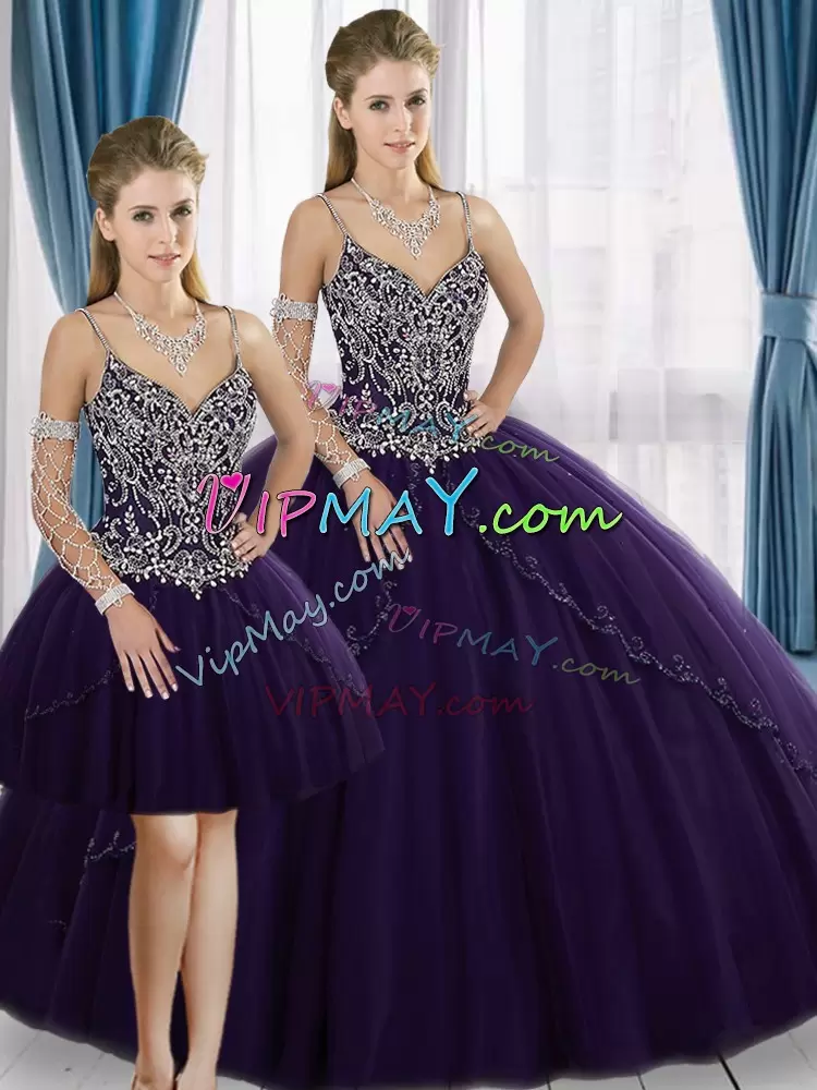 Excellent Sleeveless Tulle Floor Length Lace Up Vestidos de Quinceanera in Purple with Beading