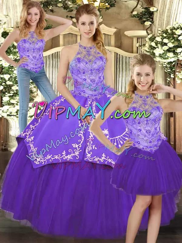 High End Halter Top Sleeveless Quinceanera Gowns Floor Length Beading and Embroidery Purple Satin and Tulle