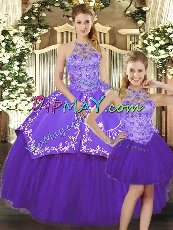 High End Halter Top Sleeveless Quinceanera Gowns Floor Length Beading and Embroidery Purple Satin and Tulle