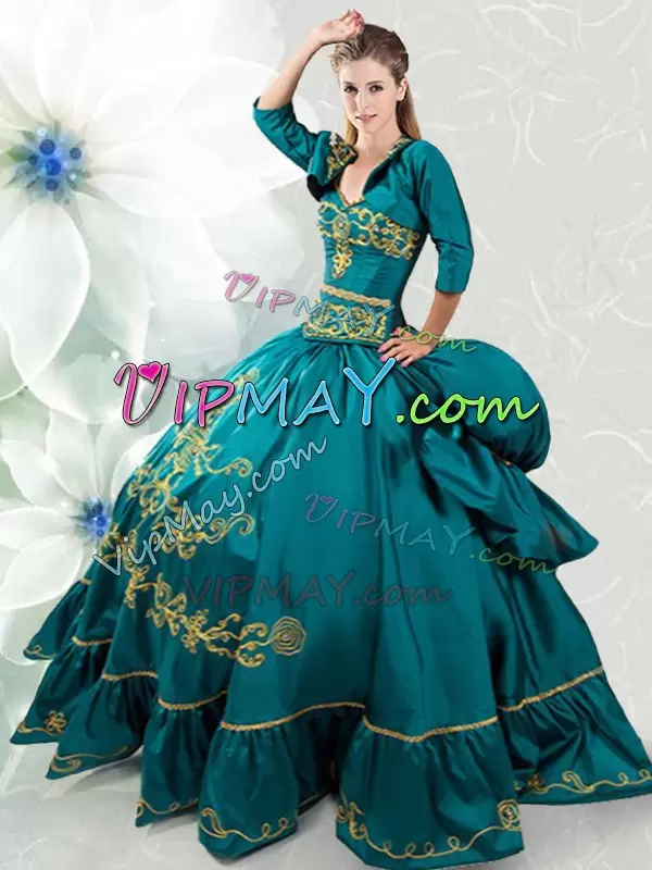 Romantic Sweetheart Sleeveless Quinceanera Dresses Floor Length Beading and Embroidery Teal Taffeta