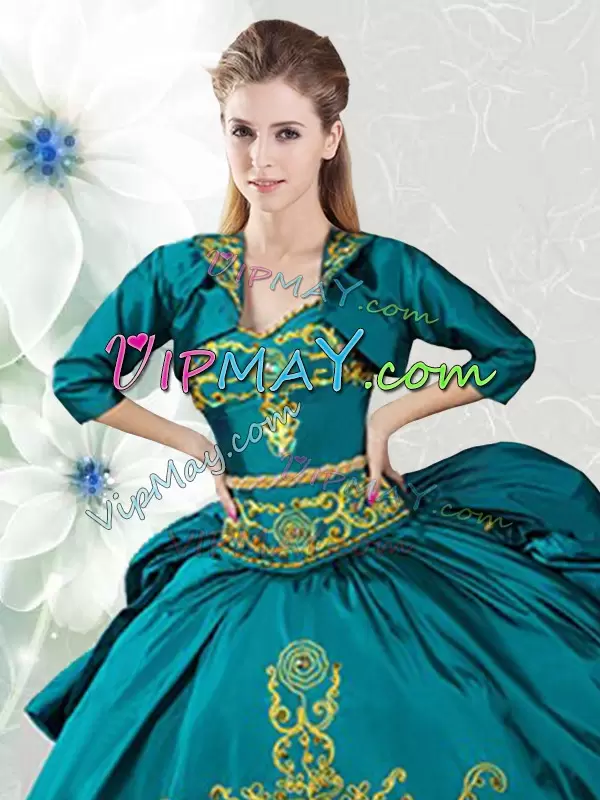 Romantic Sweetheart Sleeveless Quinceanera Dresses Floor Length Beading and Embroidery Teal Taffeta