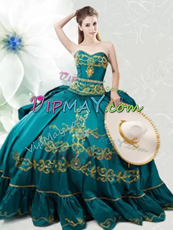 Romantic Sweetheart Sleeveless Quinceanera Dresses Floor Length Beading and Embroidery Teal Taffeta