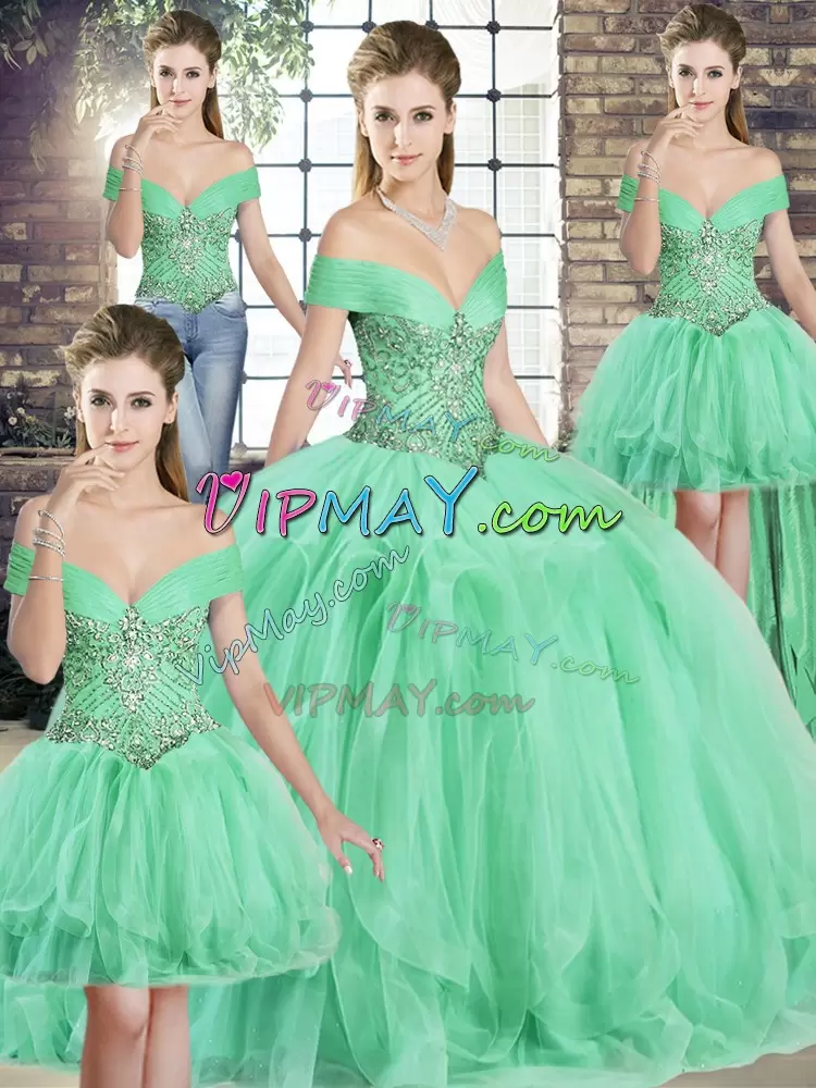 Hot Selling Apple Green Lace Up Off The Shoulder Beading and Ruffles Sweet 16 Dress Tulle Sleeveless