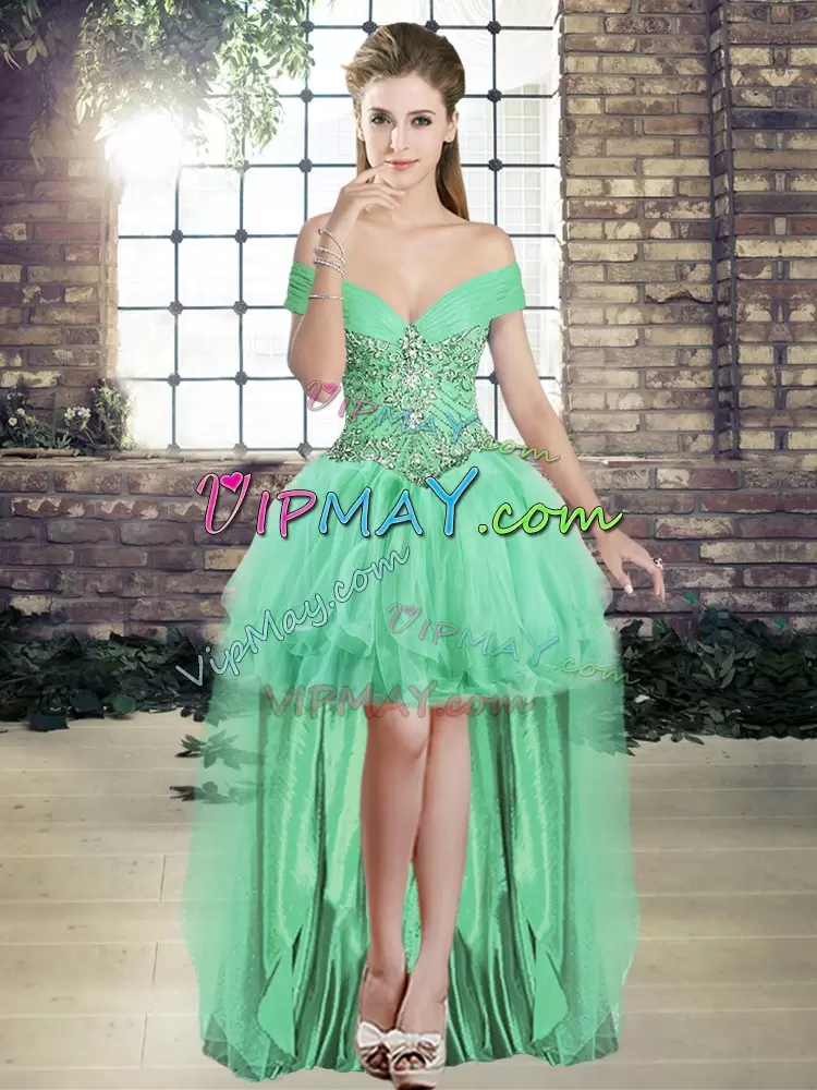 Hot Selling Apple Green Lace Up Off The Shoulder Beading and Ruffles Sweet 16 Dress Tulle Sleeveless