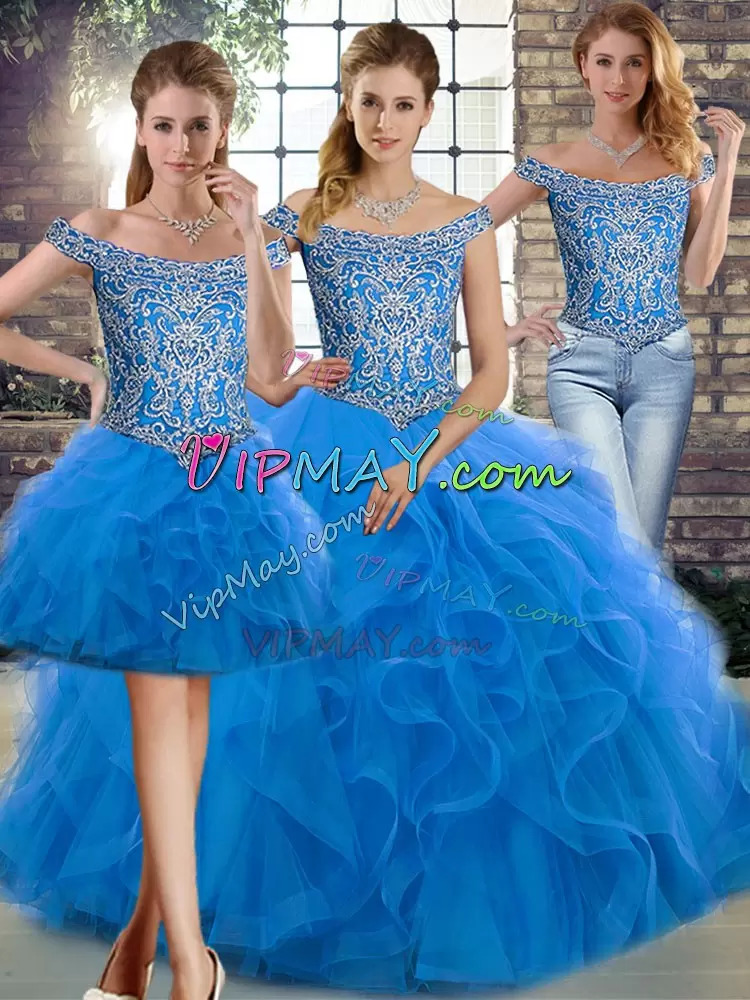 Decent Blue Three Pieces Off The Shoulder Sleeveless Tulle Brush Train Lace Up Beading and Ruffles 15 Quinceanera Dress