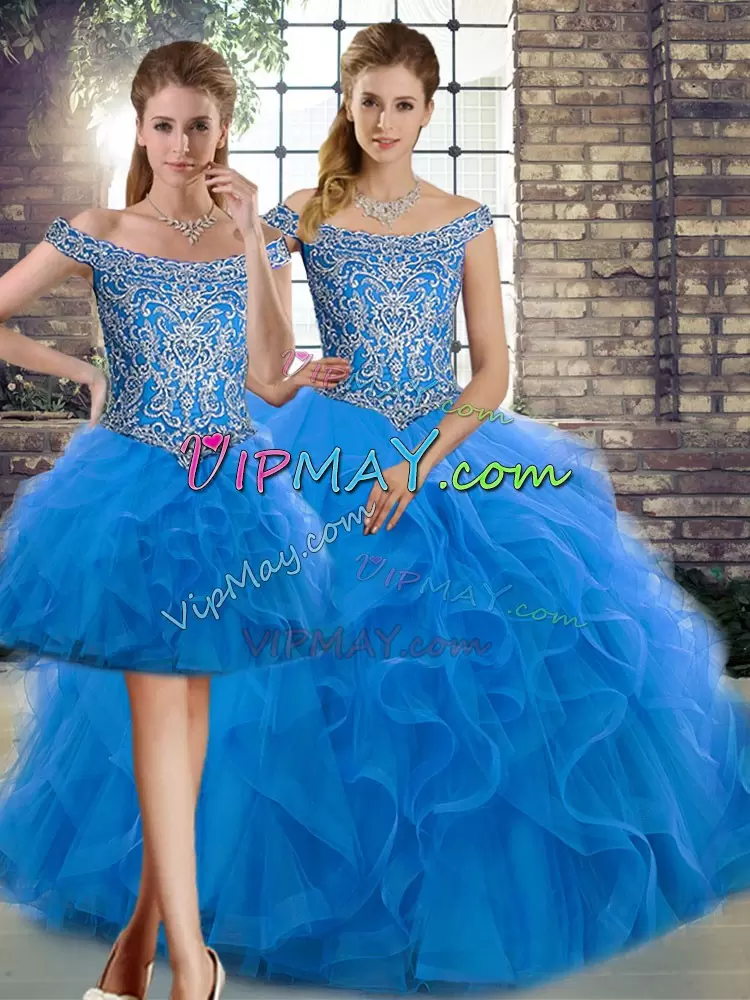 Decent Blue Three Pieces Off The Shoulder Sleeveless Tulle Brush Train Lace Up Beading and Ruffles 15 Quinceanera Dress