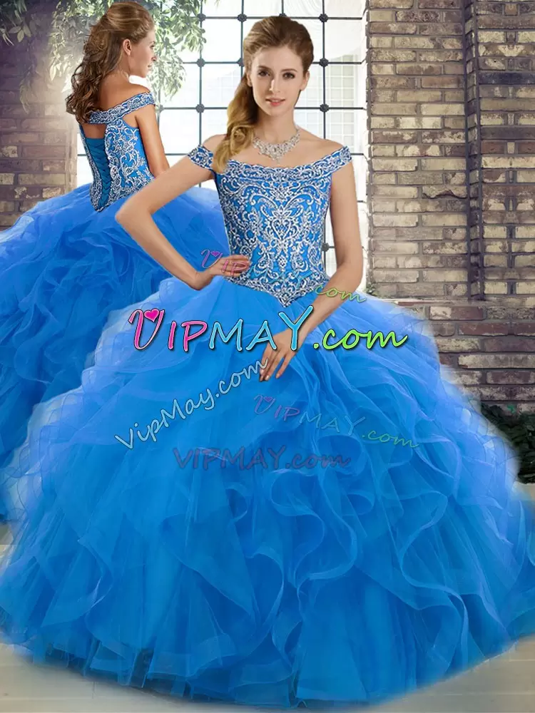 Decent Blue Three Pieces Off The Shoulder Sleeveless Tulle Brush Train Lace Up Beading and Ruffles 15 Quinceanera Dress