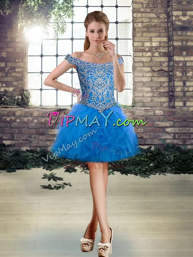 Decent Blue Three Pieces Off The Shoulder Sleeveless Tulle Brush Train Lace Up Beading and Ruffles 15 Quinceanera Dress