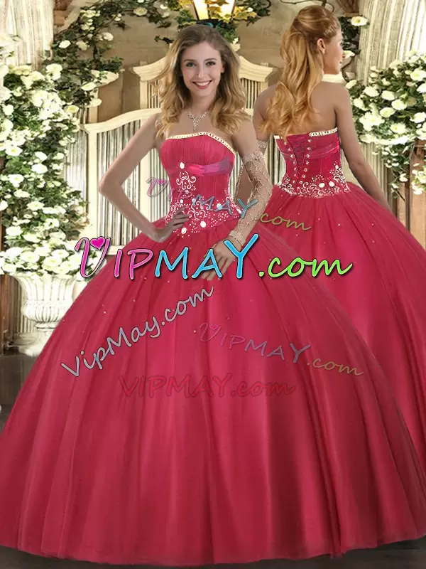 Floor Length Red Quinceanera Dress Strapless Sleeveless Lace Up