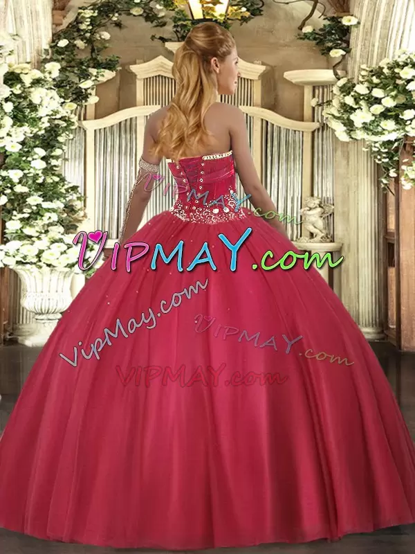 Floor Length Red Quinceanera Dress Strapless Sleeveless Lace Up