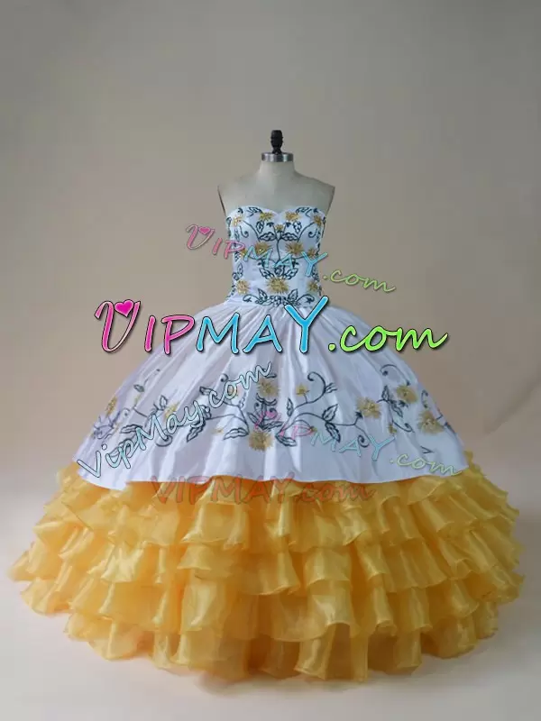 Popular Sleeveless Floor Length Embroidery and Ruffled Layers Lace Up Sweet 16 Quinceanera Dress with Yellow And White