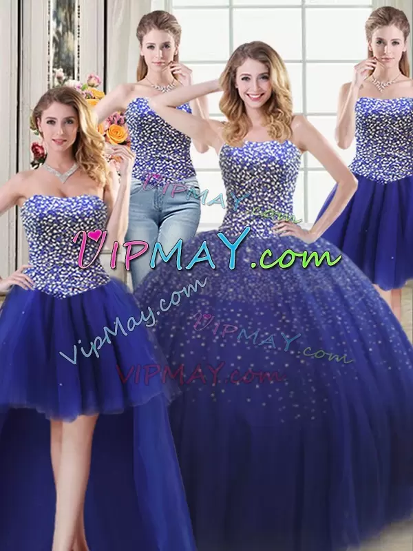 Royal Blue Sleeveless Floor Length Beading Lace Up Quince Ball Gowns Sweetheart