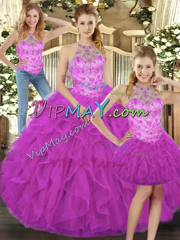 Nice Halter Top Sleeveless Lace Up Sweet 16 Dress Fuchsia Tulle Beading and Ruffles