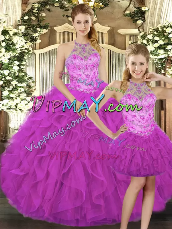 Nice Halter Top Sleeveless Lace Up Sweet 16 Dress Fuchsia Tulle Beading and Ruffles