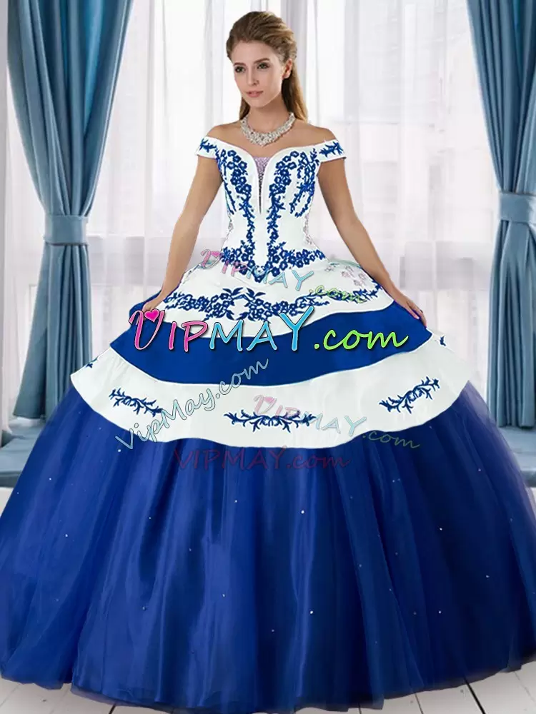 Affordable Floor Length Lace Up Quinceanera Gowns Blue and Blue And White for Military Ball and Sweet 16 and Quinceanera with Embroidery