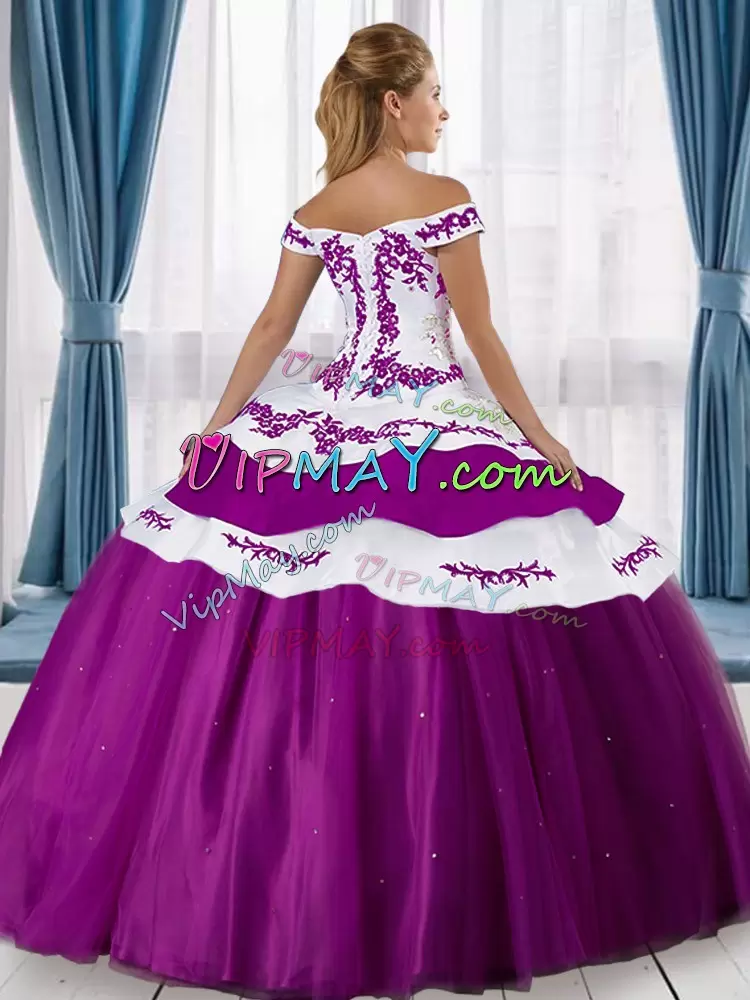 Affordable Floor Length Lace Up Quinceanera Gowns Blue and Blue And White for Military Ball and Sweet 16 and Quinceanera with Embroidery