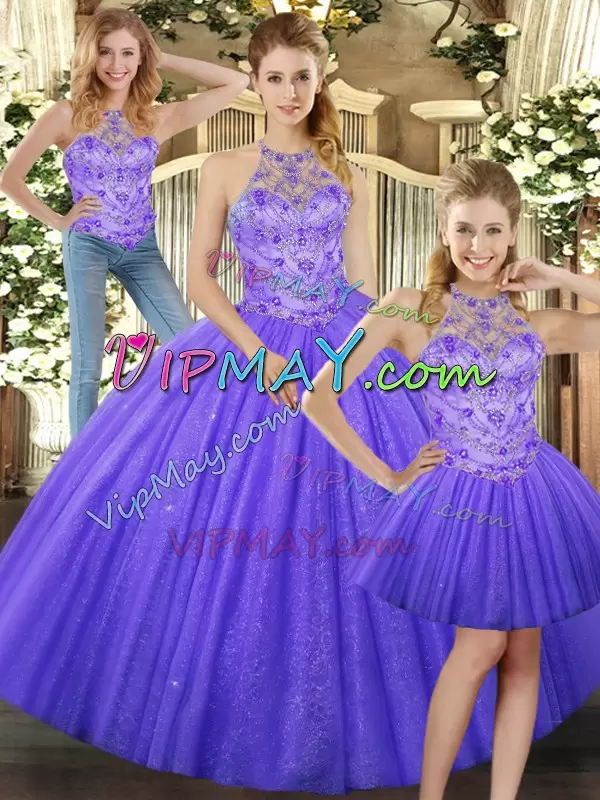 Beautiful Three Pieces Vestidos de Quinceanera Lavender Halter Top Tulle Sleeveless Floor Length Lace Up