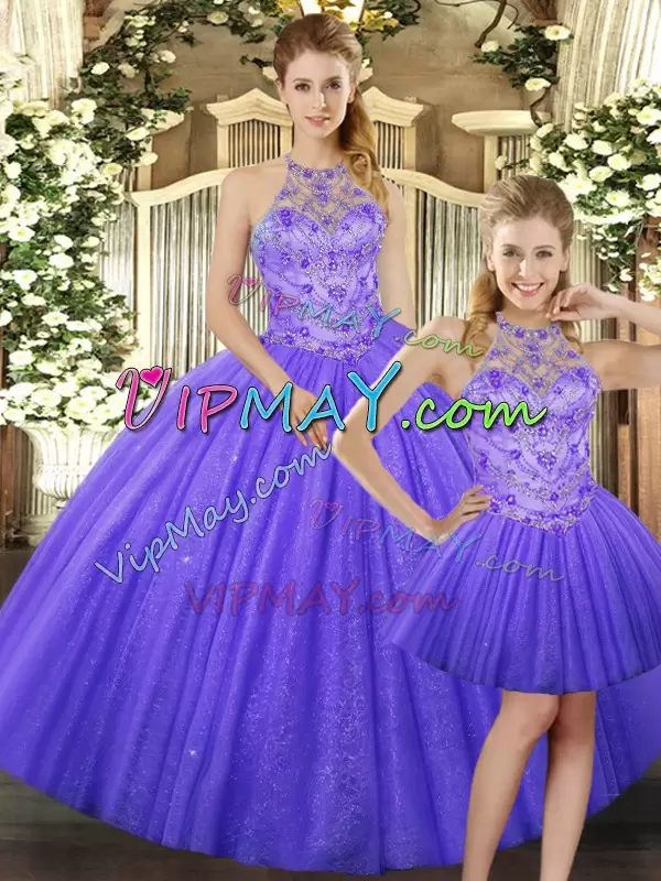 Beautiful Three Pieces Vestidos de Quinceanera Lavender Halter Top Tulle Sleeveless Floor Length Lace Up