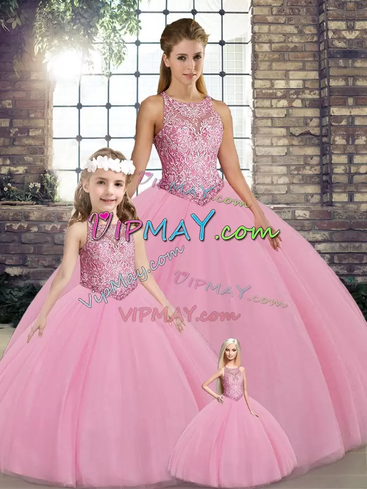 Custom Designed Pink Ball Gowns Tulle Scoop Sleeveless Embroidery Floor Length Lace Up Vestidos de Quinceanera