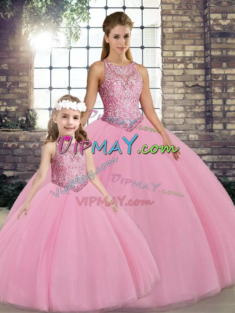 Custom Designed Pink Ball Gowns Tulle Scoop Sleeveless Embroidery Floor Length Lace Up Vestidos de Quinceanera